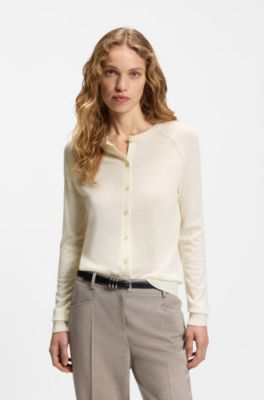 Crewneck cardigan in superfine merino wool, White