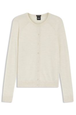 Crewneck cardigan in superfine merino wool, White
