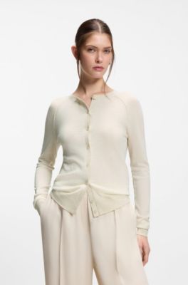 Crewneck cardigan in superfine merino wool, White
