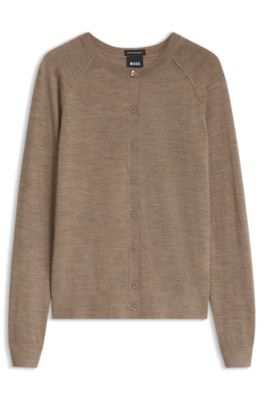Cardigan &agrave; col rond en laine m&eacute;rinos extra-fine, Brun chin&eacute;