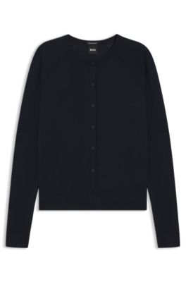 Crewneck cardigan in superfine merino wool, Dark Blue