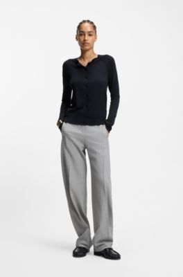Cardigan &agrave; col rond en laine m&eacute;rinos extra-fine, Bleu fonc&eacute;