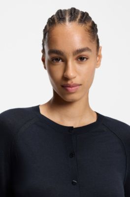 Crewneck cardigan in superfine merino wool, Dark Blue