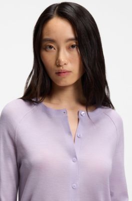 Cardigan boutonn&eacute; en laine m&eacute;rinos extra-fine, Violet clair