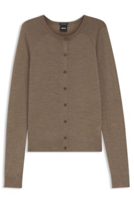 Crewneck cardigan in superfine merino wool, Brown