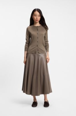 Crewneck cardigan in superfine merino wool, Brown
