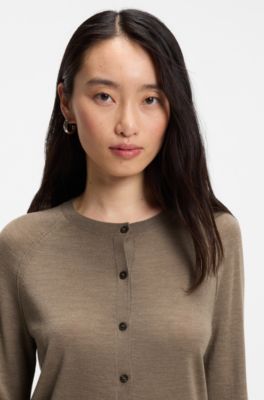Crewneck cardigan in superfine merino wool, Brown