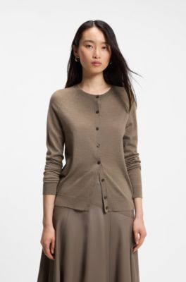 Crewneck cardigan in superfine merino wool, Brown