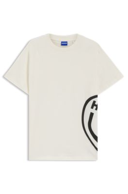 Cotton-jersey T-shirt with Happy HUGO artwork, White