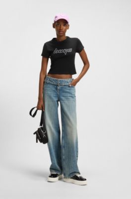 Camiseta ribeteada de algod&oacute;n con dise&ntilde;o gr&aacute;fico, Negro