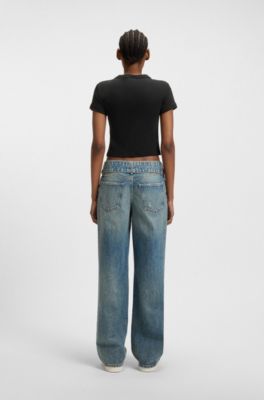 Camiseta ribeteada de algod&oacute;n con dise&ntilde;o gr&aacute;fico, Negro