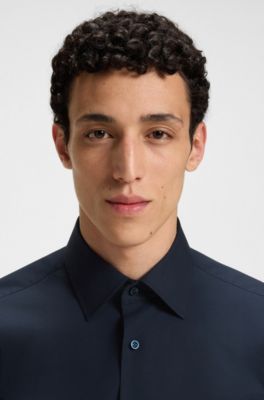 Camisa regular fit de popel&iacute;n de algod&oacute;n el&aacute;stico de planchado f&aacute;cil, Azul oscuro