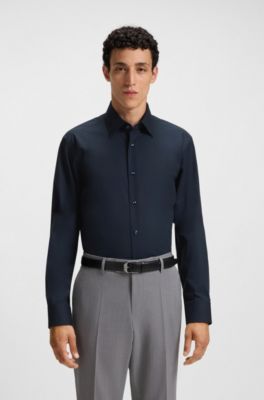 Camisa regular fit de popel&iacute;n de algod&oacute;n el&aacute;stico de planchado f&aacute;cil, Azul oscuro