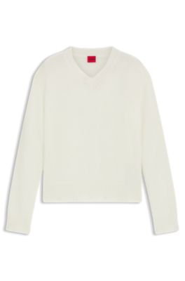 Jersey de cuello en pico en mezcla de lana con detalles de logotipo, Blanco