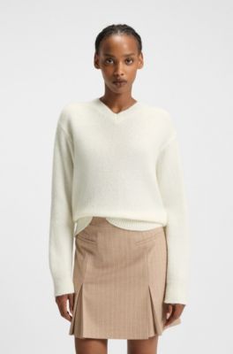 Jersey de cuello en pico en mezcla de lana con detalles de logotipo, Blanco