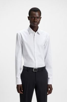 Printed slim-fit shirt in Oxford stretch cotton, White
