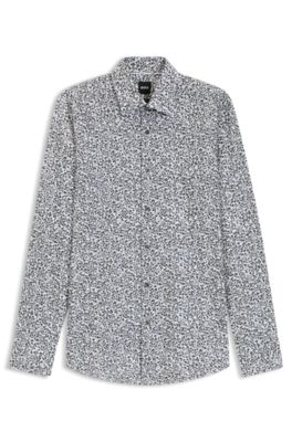 Camisa slim fit en popel&iacute;n de algod&oacute;n el&aacute;stico con estampado floral, Verde