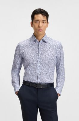 Camisa slim fit en popel&iacute;n de algod&oacute;n el&aacute;stico con estampado floral, Celeste
