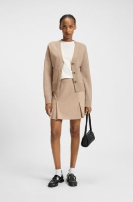 C&aacute;rdigan regular fit de mezcla de lana con logo bordado, Marr&oacute;n claro