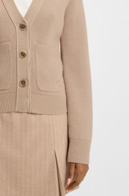 Cardigan en laine m&eacute;lang&eacute;e &agrave; logo brod&eacute;, Brun chin&eacute;