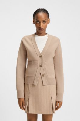 C&aacute;rdigan regular fit de mezcla de lana con logo bordado, Marr&oacute;n claro