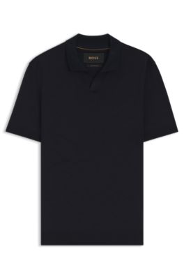 Cotton-silk polo shirt with Johnny collar, Dark Blue
