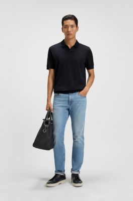 Cotton-silk polo shirt with Johnny collar, Dark Blue