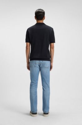 Cotton-silk polo shirt with Johnny collar, Dark Blue