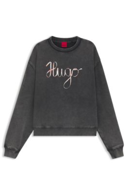Cotton-terry sweatshirt with creative artwork, Dark Grey