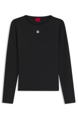 Top de punto el&aacute;stico con logo apilado estampado, Negro