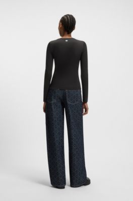 Top de punto el&aacute;stico con logo apilado estampado, Negro