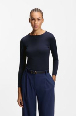 Top de punto el&aacute;stico con logo apilado estampado, Azul oscuro