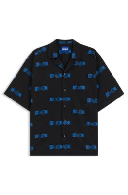 Camisa relaxed fit en popel&iacute;n de algod&oacute;n con logo estampado, Negro