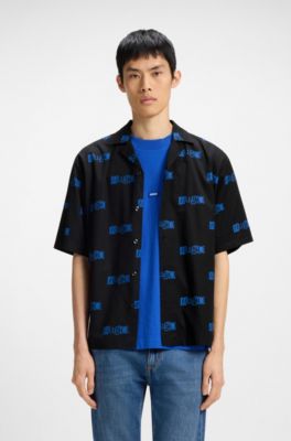 Logo-print relaxed-fit shirt in cotton poplin, Black