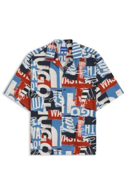 Camisa relaxed fit en popel&iacute;n de algod&oacute;n con logo estampado, Azul oscuro