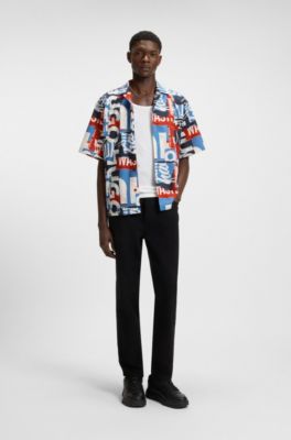 Camisa relaxed fit en popel&iacute;n de algod&oacute;n con logo estampado, Azul oscuro