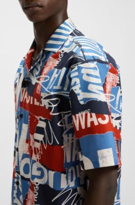 Logo-print relaxed-fit shirt in cotton poplin, Dark Blue