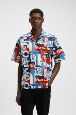 Logo-print relaxed-fit shirt in cotton poplin, Dark Blue