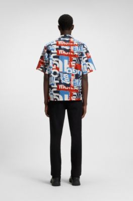 Camisa relaxed fit en popel&iacute;n de algod&oacute;n con logo estampado, Azul oscuro