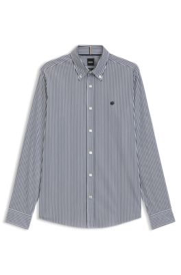Camisa slim fit de algod&oacute;n a rayas, Azul oscuro