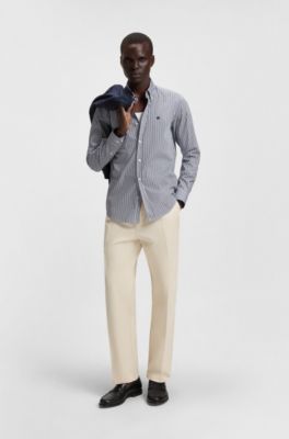 Chemise Slim en coton m&eacute;lang&eacute; &agrave; rayure, Bleu fonc&eacute;