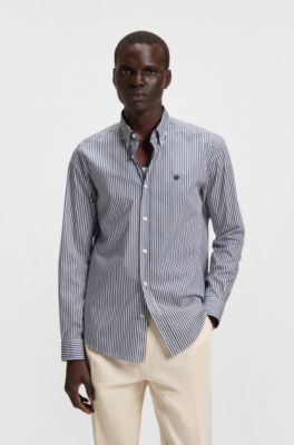 Camisa slim fit de algod&oacute;n a rayas, Azul oscuro