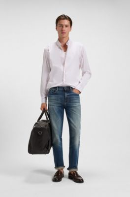 Camisa slim fit de algod&oacute;n a rayas, Rosa claro