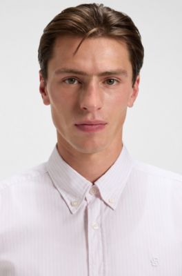 Camisa slim fit de algod&oacute;n a rayas, Rosa claro