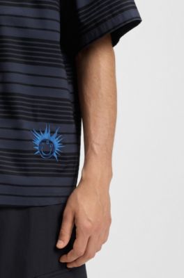 Chemise Relaxed en popeline de coton &agrave; rayures, Bleu fonc&eacute;