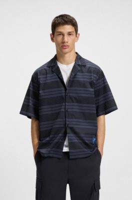 Chemise Relaxed en popeline de coton &agrave; rayures, Bleu fonc&eacute;