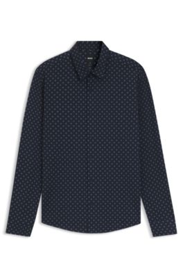 Camisa slim fit estampada de tejido el&aacute;stico t&eacute;cnico italiano, Azul oscuro