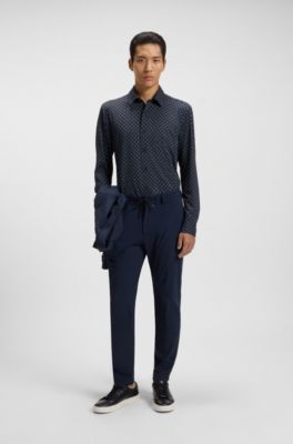 Camisa slim fit estampada de tejido el&aacute;stico t&eacute;cnico italiano, Azul oscuro