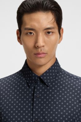 Camisa slim fit estampada de tejido el&aacute;stico t&eacute;cnico italiano, Azul oscuro