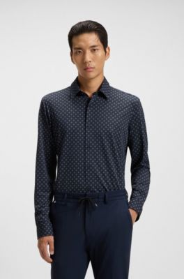 Camisa slim fit estampada de tejido el&aacute;stico t&eacute;cnico italiano, Azul oscuro